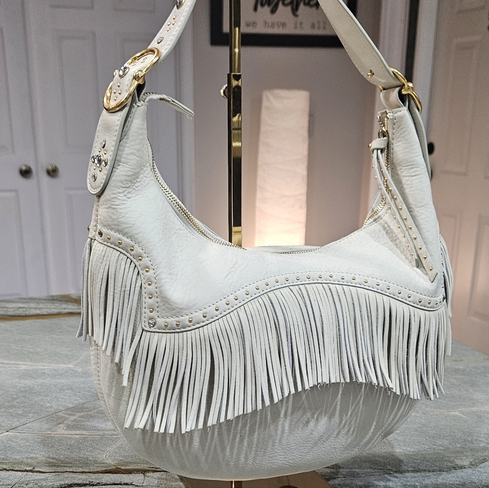 Michael Kors Cream Leather Fringe Hobo Bag Y2K - Picture 7 of 13
